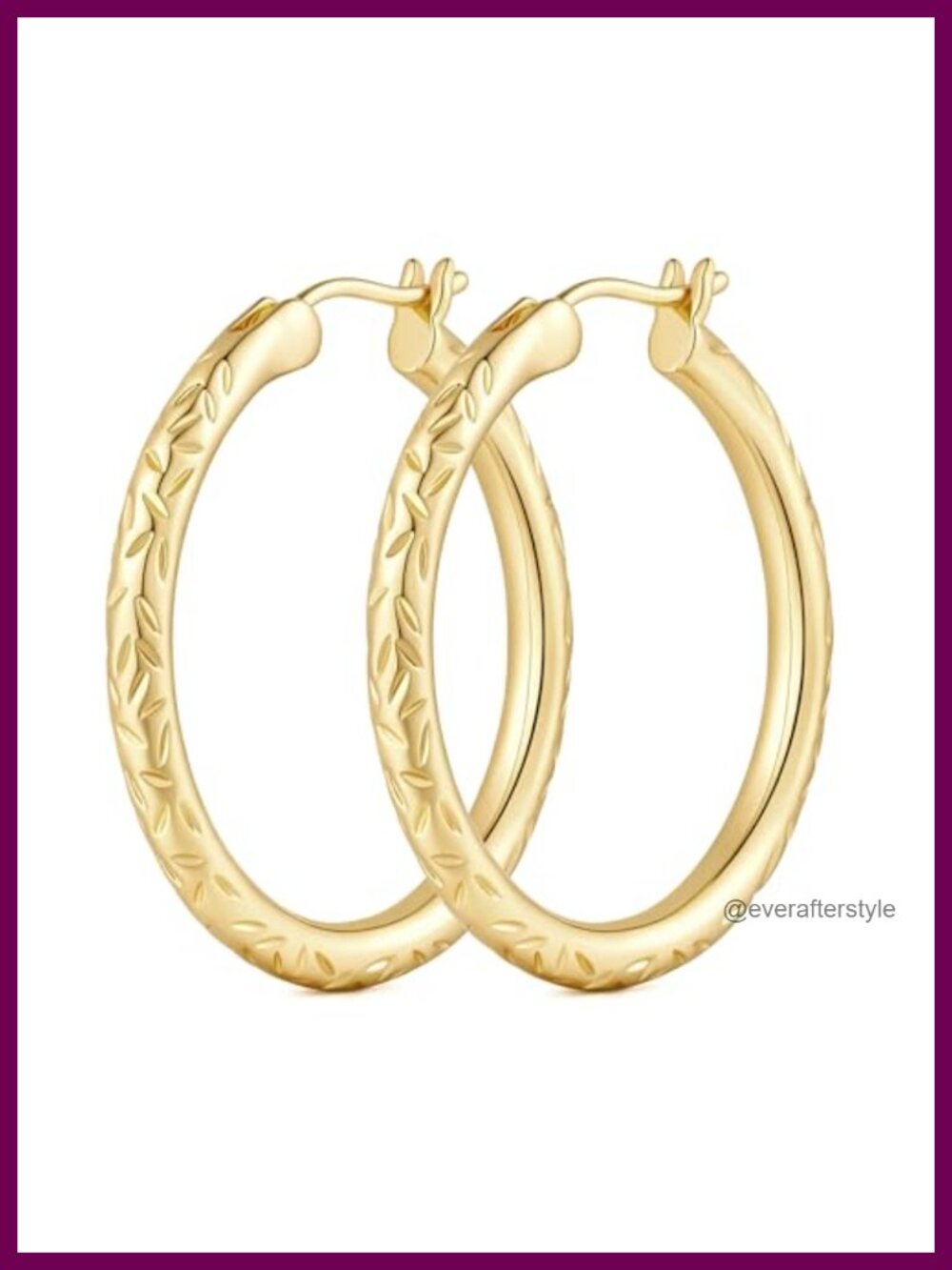 14K Gold Plated Hoop Earrings Leaf Engraved Hinged Snap Back Women Jewelry
